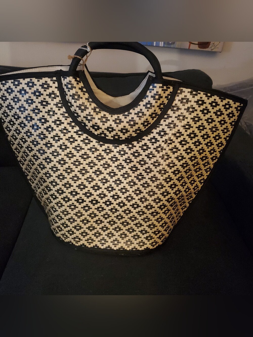 Black & Cream Large Structured Raffia Woven Tote Bag With Matching Fan